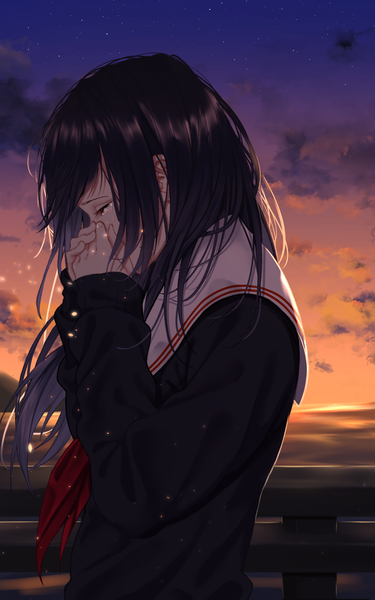 Anime picture 1200x1920 with original saitou (lynx-shrike) single long hair tall image fringe black hair payot sky cloud (clouds) upper body outdoors eyes closed profile tears evening sunset crying sad hands on face
