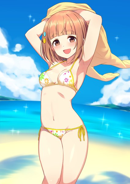 Anime picture 991x1400 with idolmaster idolmaster cinderella girls kitami yuzu hiraga matsuri single tall image blush fringe short hair breasts open mouth light erotic brown hair brown eyes sky cloud (clouds) blunt bangs :d arms up sparkle