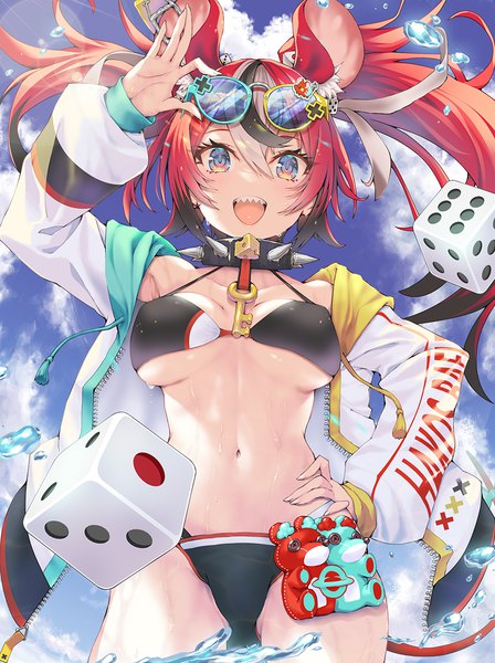 Anime picture 892x1195 with virtual youtuber hololive hololive english hakos baelz kubota masaki single long hair tall image fringe breasts open mouth blue eyes light erotic hair between eyes twintails animal ears sky cloud (clouds) outdoors red hair