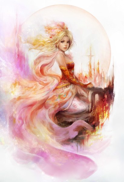 Anime picture 821x1200 with final fantasy final fantasy vi square enix tina branford muju single long hair tall image looking at viewer breasts blonde hair bare shoulders green eyes parted lips profile light smile realistic lipstick makeup girl