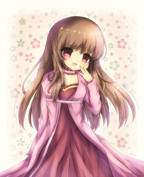 Anime picture 1132x1392 with midna01 single long hair tall image looking at viewer blush fringe open mouth simple background smile brown hair pink eyes floral print girl dress