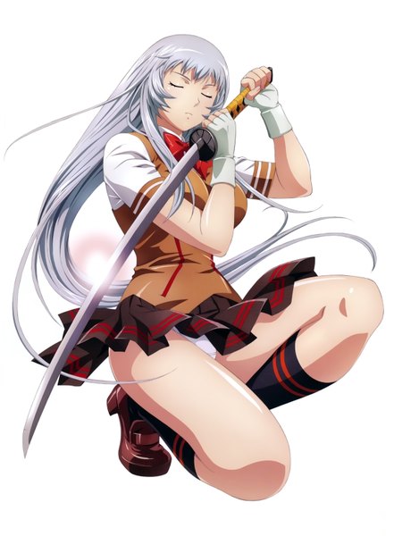Anime picture 4748x6461 with ikkitousen chouun shiryuu rin sin single long hair tall image highres light erotic simple background white background absurdres silver hair eyes closed scan official art pantyshot girl skirt gloves uniform