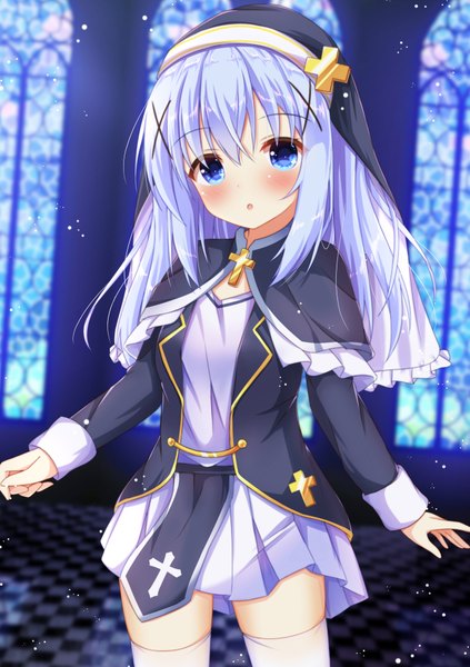 Anime picture 693x983 with gochuumon wa usagi desu ka? white fox kafuu chino kedama (kedama akaza) single long hair tall image looking at viewer blush fringe open mouth blue eyes hair between eyes standing payot blue hair indoors pleated skirt :o loli