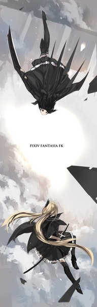 Anime picture 1007x3149 with original pixiv fantasia pixiv fantasia fallen kings paradise (character) armeechef swd3e2 long hair tall image short hair black hair blonde hair twintails multiple girls brown eyes inscription midair girl dress 2 girls thigh boots