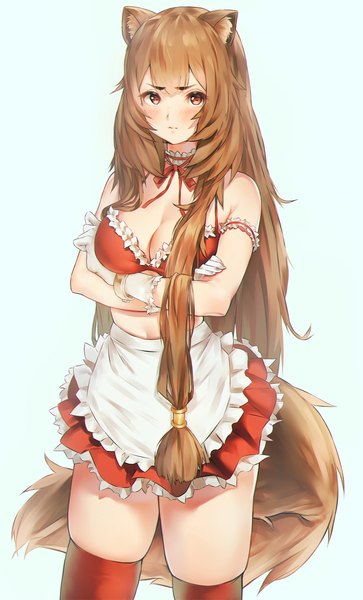 Anime picture 1700x2808 with tate no yuusha no nariagari kinema citrus raphtalia grayfox single long hair tall image looking at viewer blush fringe breasts light erotic simple background red eyes brown hair standing white background animal ears cleavage tail