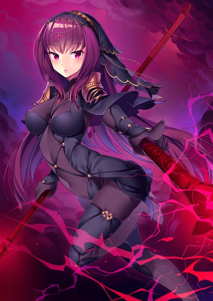 Anime picture 2530x3580 with fate (series) fate/grand order scathach (fate) (all) scathach (fate) may (2747513627) single long hair tall image looking at viewer blush fringe highres breasts light erotic hair between eyes standing purple eyes holding sky purple hair
