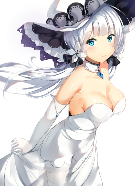 Anime picture 1294x1771 with azur lane illustrious (azur lane) ponyaru single long hair tall image looking at viewer blush fringe breasts blue eyes light erotic simple background smile large breasts standing white background twintails bare shoulders cleavage