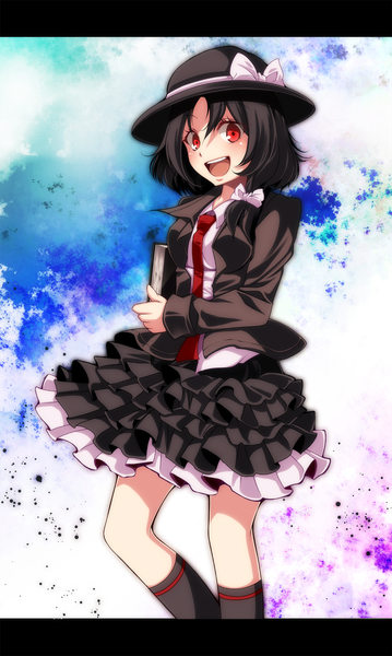 Anime picture 1197x2000 with touhou usami renko s-syogo single long hair tall image looking at viewer blush open mouth black hair red eyes girl dress bow hat socks book (books) black socks