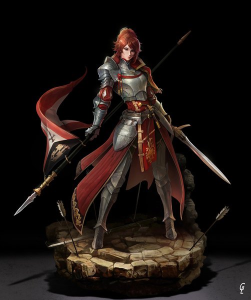 Anime picture 1920x2294 with original gharly single tall image looking at viewer fringe highres short hair simple background standing holding full body ponytail red hair black background silver eyes dual wielding girl weapon sword
