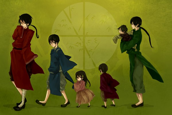 Anime picture 1164x777 with axis powers hetalia studio deen japan (hetalia) china (hetalia) taiwan (hetalia) hong kong (hetalia) south korea (hetalia) vietnam (hetalia) long hair short hair black hair brown hair ahoge ponytail traditional clothes green background child (children)