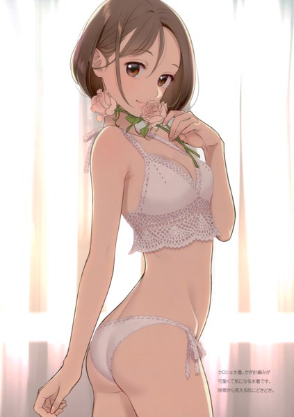 Anime picture 4254x6030 with original morikura en single tall image looking at viewer blush highres short hair breasts light erotic smile brown hair standing holding brown eyes absurdres cleavage ass indoors head tilt