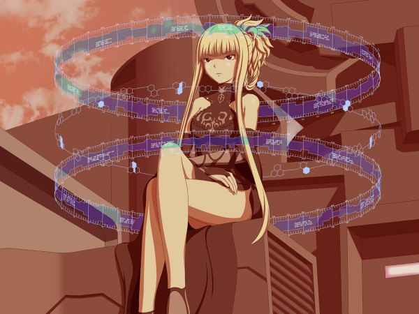 Anime picture 1200x900 with aoki hagane no arpeggio kongou (aoki hagane no arpeggio) shiba cyon single long hair light erotic blonde hair red eyes sitting looking away crossed legs girl dress