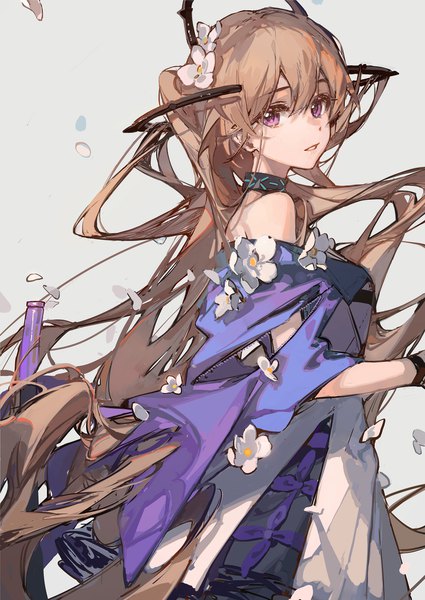Anime picture 1508x2129 with arknights indigo (arknights) ciloranko single tall image looking at viewer fringe simple background hair between eyes brown hair purple eyes very long hair hair flower grey background turning head girl flower (flowers) petals infection monitor (arknights)