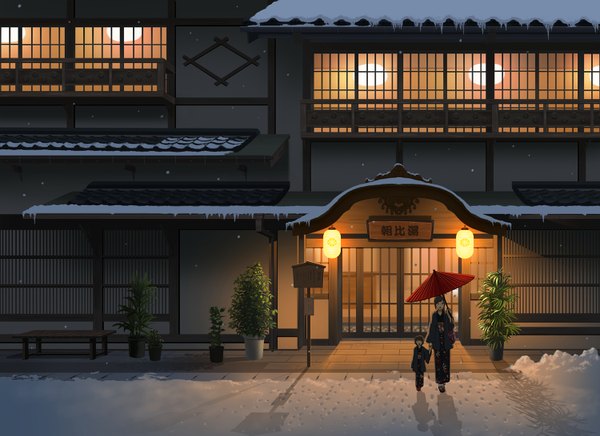 Anime picture 1500x1091 with original doora (dora0913) short hair open mouth brown hair standing multiple girls holding brown eyes traditional clothes japanese clothes night wide sleeves holding hands happy snowing winter snow surprised footprints