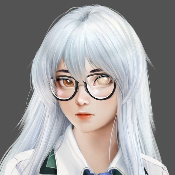 Anime picture 1080x1080 with original cecilia (acerailgun) jubi (regiana) single long hair looking at viewer fringe brown eyes yellow eyes white hair realistic grey background lipstick heterochromia portrait expressionless bespectacled borrowed character girl glasses