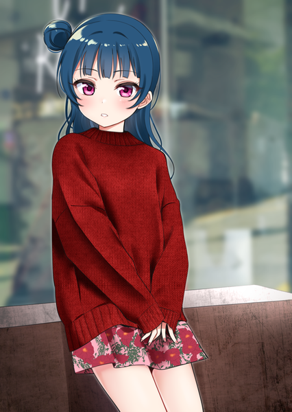 Anime picture 1000x1410 with love live! sunshine!! sunrise (studio) love live! tsushima yoshiko deadnooodles single long hair tall image looking at viewer blush fringe standing purple eyes blue hair outdoors long sleeves parted lips blurry hair bun (hair buns) floral print
