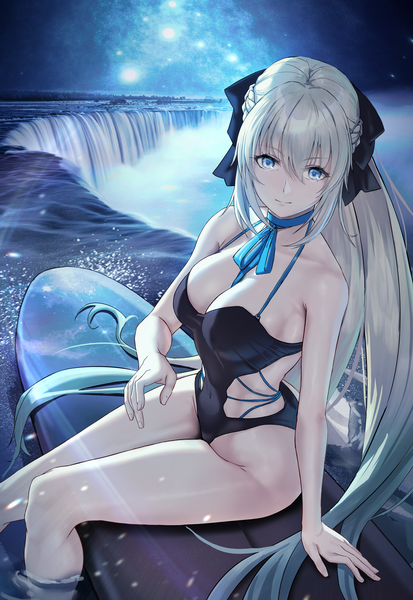 Anime-Bild 1968x2856 mit fate (series) fate/grand order morgan le fay (fate) solar (happymonk) single long hair tall image looking at viewer fringe highres breasts blue eyes light erotic hair between eyes large breasts sitting payot cleavage silver hair bent knee (knees)