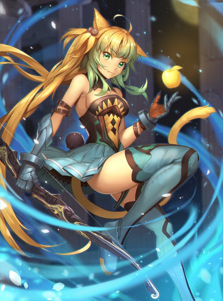 Anime picture 1190x1604 with fate (series) fate/grand order fate/apocrypha atalanta (fate) tsuki suigetsu single long hair tall image looking at viewer fringe breasts light erotic blonde hair hair between eyes bare shoulders holding green eyes animal ears cleavage ahoge