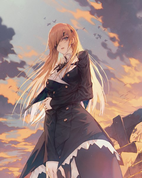 Anime picture 960x1200 with fate (series) fate/grand order ophelia phamrsolone wanke single long hair tall image fringe breasts light erotic brown hair standing looking away sky cloud (clouds) outdoors parted lips hair over one eye from below grey eyes