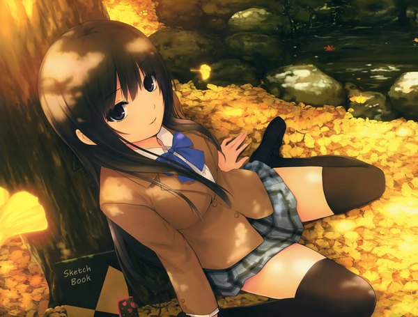 Anime picture 6541x4970 with original coffee-kizoku single long hair looking at viewer highres black hair absurdres black eyes scan girl thighhighs skirt uniform black thighhighs plant (plants) school uniform tree (trees) leaf (leaves) ginkgo