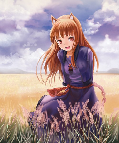 Anime picture 689x827 with spice and wolf horo lasterk single long hair tall image open mouth red eyes brown hair animal ears sky cloud (clouds) hands behind back mountain wolf ears wolf girl girl dress fur wheat field
