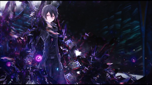 Anime picture 1366x768 with sword art online a-1 pictures kirigaya kazuto single short hair black hair red eyes wide image standing brown eyes looking away open clothes open jacket looking down dark background boy sword jacket cloak crystal