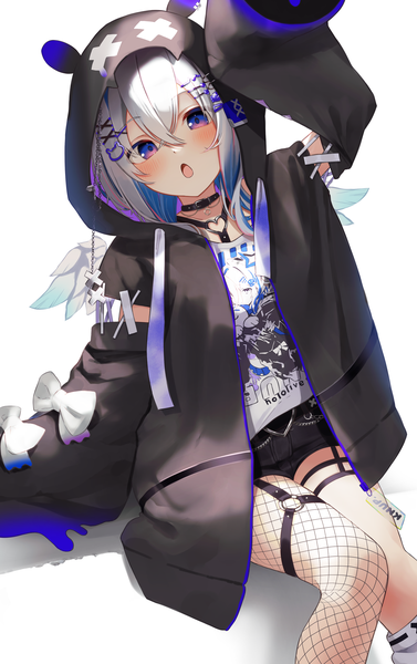 Anime picture 2700x4300 with virtual youtuber hololive amane kanata amane kanata (6th costume) buket pudding i single tall image looking at viewer fringe highres short hair simple background hair between eyes white background purple eyes silver hair head tilt arm up open jacket :o