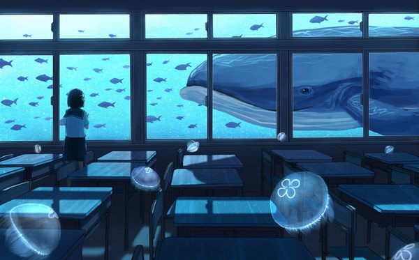 Anime picture 1517x944 with original gensuke (ryun) single short hair black hair wide image from behind shadow underwater fantasy classroom girl uniform animal serafuku window chair fish (fishes) desk school