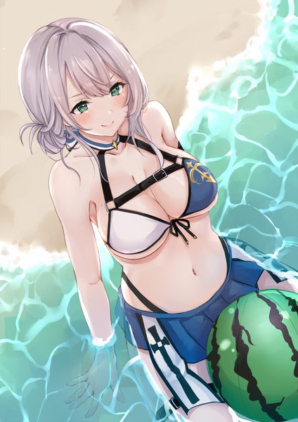 Anime picture 1446x2046 with virtual youtuber hololive shirogane noel roriwanko single tall image blush short hair breasts light erotic smile large breasts green eyes looking away silver hair from above arm support partially submerged underboob girl