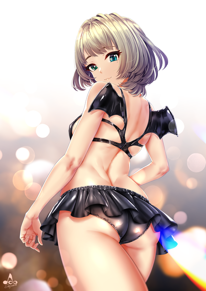 Anime picture 1500x2121 with idolmaster idolmaster cinderella girls takagaki kaede infinote single tall image looking at viewer fringe short hair breasts light erotic smile brown hair standing bare shoulders green eyes signed ass looking back aqua eyes
