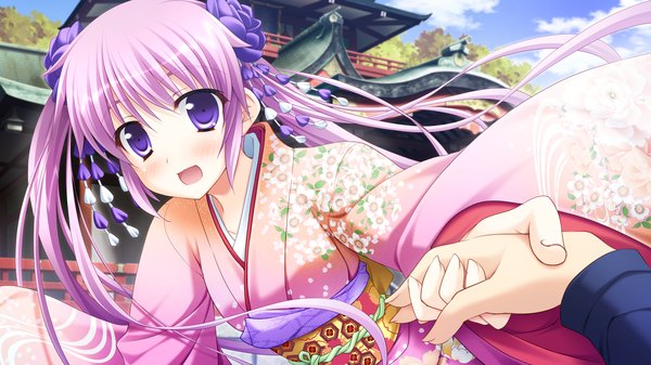 Anime picture 2560x1440 with yaneura no kanojo dp minase (artist) single long hair blush highres open mouth wide image purple eyes twintails game cg purple hair traditional clothes japanese clothes girl hair ornament kimono obi