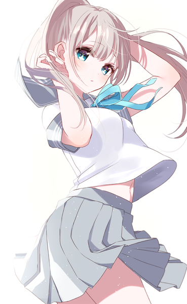 Anime picture 1230x2000 with original sinsihukunokonaka single long hair tall image looking at viewer blush fringe breasts open mouth blue eyes simple background standing white background silver hair ponytail pleated skirt arms up short sleeves floating hair