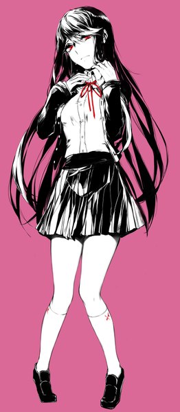 Anime picture 832x1900 with dangan ronpa dangan ronpa/zero otonashi ryouko hug (yourhug) single long hair tall image looking at viewer fringe black hair simple background red eyes bent knee (knees) pleated skirt open clothes open jacket pink background girl skirt uniform