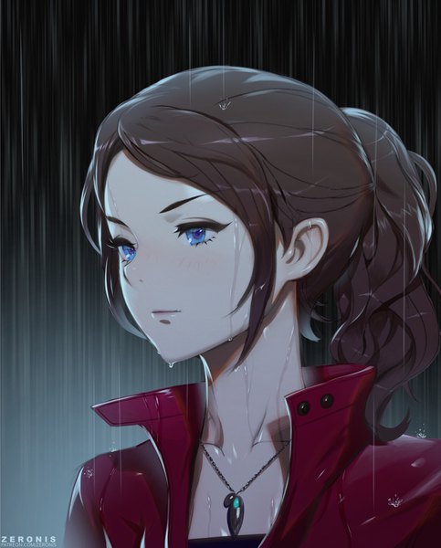 Anime picture 1250x1550 with resident evil claire redfield paul (shiramune) single long hair tall image blue eyes brown hair signed payot looking away ponytail rain girl jacket pendant