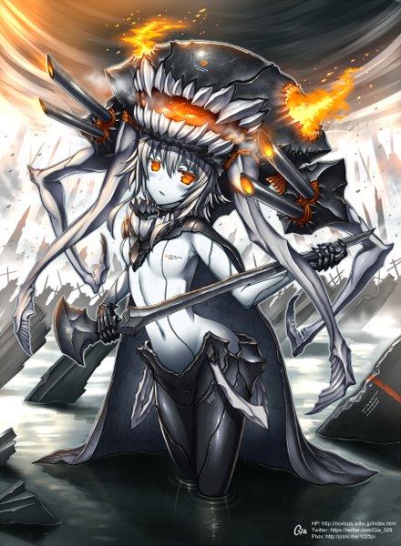 Anime picture 900x1227 with kantai collection wo-class aircraft carrier gia single long hair tall image looking at viewer blush grey hair inscription teeth orange eyes covered navel pale skin shinkaisei-kan girl gloves navel weapon black gloves