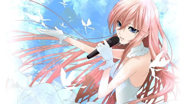 Anime picture 1920x1080 with vocaloid megurine luka naoto single long hair highres blue eyes wide image bare shoulders pink hair girl dress gloves elbow gloves insect butterfly microphone