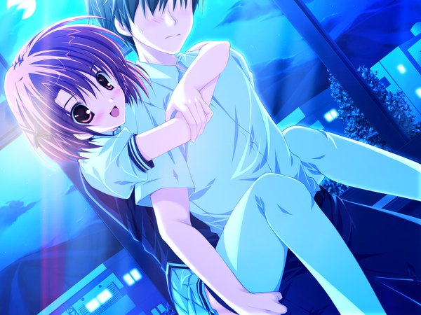 Anime picture 1600x1200 with lyrical lyric hagiwara tomoe mikeou blush short hair open mouth black hair red eyes game cg sky cloud (clouds) red hair couple hug hair over eyes girl thighhighs boy uniform school uniform