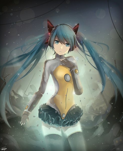 Anime picture 931x1140 with vocaloid odds & ends (vocaloid) hatsune miku jenson tw single long hair tall image looking at viewer fringe signed head tilt aqua eyes aqua hair lens flare hand on chest flat chest smoke girl skirt gloves
