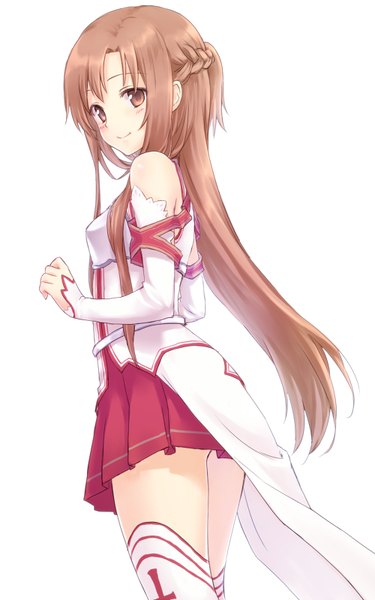 Anime-Bild 500x800 mit sword art online a-1 pictures yuuki asuna rimo single long hair tall image looking at viewer blush fringe breasts simple background smile brown hair white background brown eyes pleated skirt looking back girl skirt