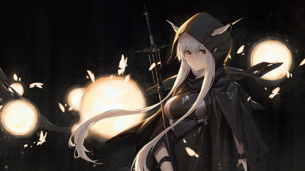 Anime picture 3500x1969 with arknights shining (arknights) areaaaron single long hair looking at viewer fringe highres simple background hair between eyes red eyes wide image holding payot silver hair upper body horn (horns) black background expressionless girl
