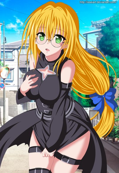 Anime picture 1500x2185 with toloveru toloveru darkness xebec tearju lunatique isseiart single long hair tall image open mouth light erotic blonde hair green eyes sky cloud (clouds) coloring girl dress bow plant (plants) hair bow