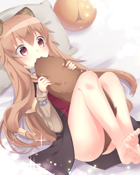 Anime picture 800x1000 with tate no yuusha no nariagari kinema citrus raphtalia usagimiko single long hair tall image blush fringe light erotic hair between eyes brown hair holding brown eyes animal ears looking away bent knee (knees) tail lying animal tail