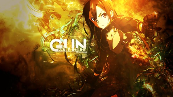Anime picture 1920x1080 with sword art online a-1 pictures kirigaya kazuto redeye27 single long hair fringe highres black hair hair between eyes wide image looking away black eyes inscription wallpaper outstretched arm serious boy gloves weapon
