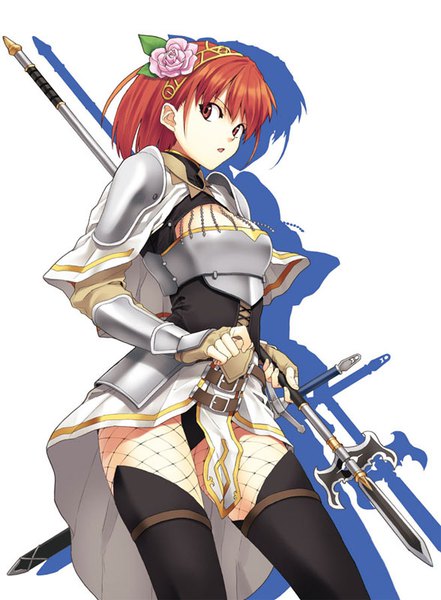 Anime picture 588x800 with seiken no blacksmith cecily cambell luna (reclaimed land) single tall image fringe short hair breasts light erotic simple background hair between eyes red eyes large breasts standing white background holding looking away cleavage upper body bent knee (knees)