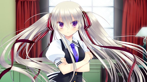 Anime picture 1280x720 with gangsta alcadia rindou misogi miyasu risa long hair wide image purple eyes twintails game cg white hair girl uniform ribbon (ribbons) hair ribbon school uniform