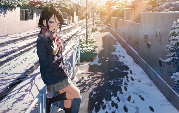 Anime picture 2048x1294 with original kantoku single long hair looking at viewer fringe highres open mouth blue eyes black hair standing holding payot outdoors long sleeves pleated skirt sunlight :o shadow leaning