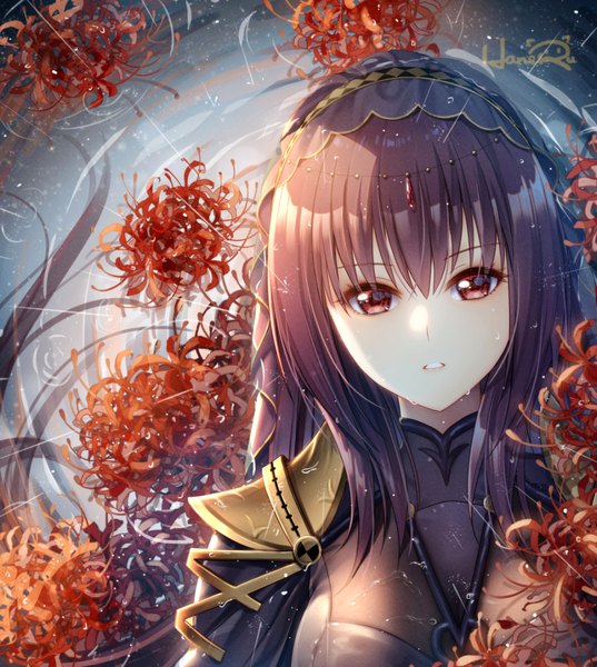 Anime picture 895x1000 with fate (series) fate/grand order scathach (fate) (all) scathach (fate) haneru single long hair tall image looking at viewer blush fringe breasts hair between eyes red eyes signed purple hair upper body parted lips wet rain
