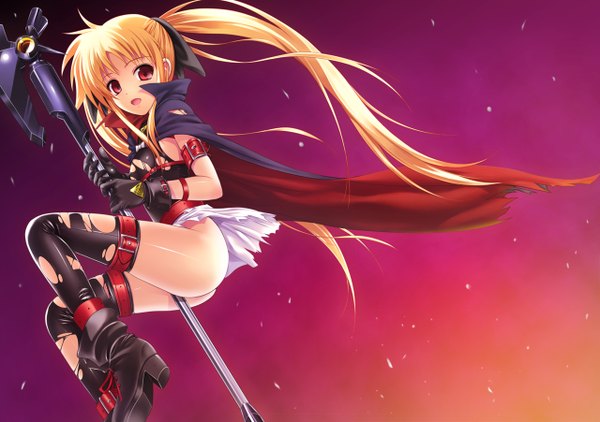 Anime picture 1280x902 with mahou shoujo lyrical nanoha fate testarossa 40010prototype single long hair open mouth light erotic blonde hair red eyes twintails torn clothes girl thighhighs gloves boots torn thighhighs