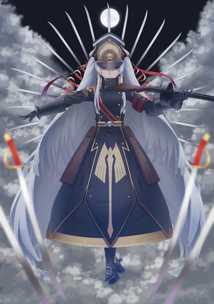 Anime picture 1447x2046 with re:creators altair (re:creators) kzy090 single tall image smile red eyes silver hair cloud (clouds) very long hair flying midair girl dress gloves uniform weapon hat sword black gloves