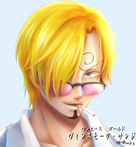 Anime picture 1748x1889 with one piece one piece film: gold toei animation sanji yan xiao qi single tall image looking at viewer fringe highres short hair blue eyes simple background blonde hair holding signed upper body light smile hair over one eye character names